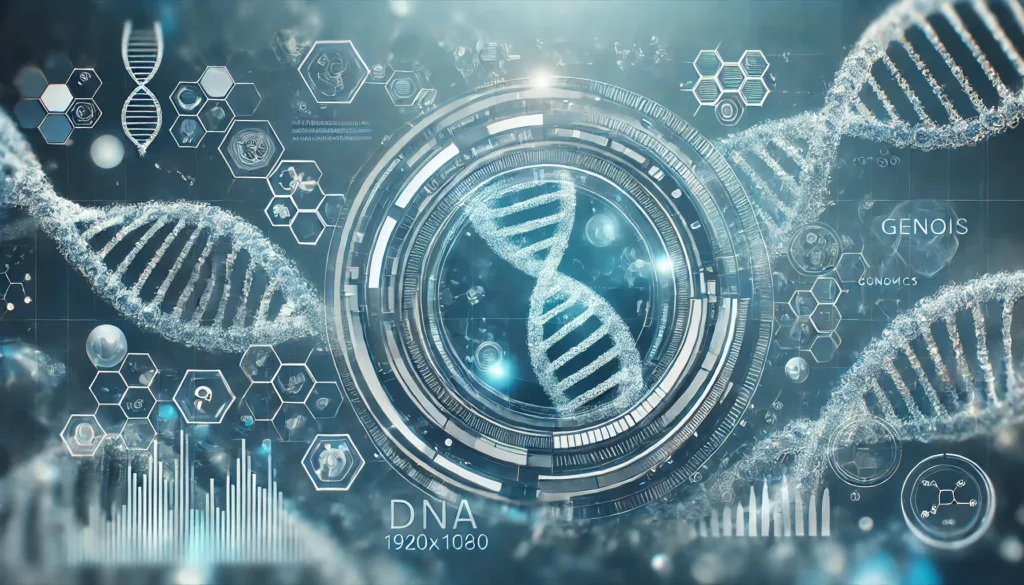 Digital rendering of DNA molecules intertwined with futuristic biotechnology elements, featuring hexagonal diagrams, molecular structures, and data visualizations against a high-tech, blue-toned background. Central focus on a stylized DNA helix within a circular interface, surrounded by scientific icons and metrics, symbolizing advancements in genomics and bioinformatics.